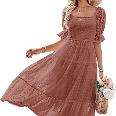 China Anti-Static Women's Summer Square Neck Puff Sleeve Boho Midi Dress Swiss Dot Ruffle Flowy Tie Back Dress for sale