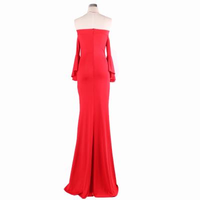 China Neck Lines One Piece Garment Fashion Satin Solid Color Anti-Static Flare Sleeve Split Maxi Long Dress Gown Evening Dress Women Show Racks for sale