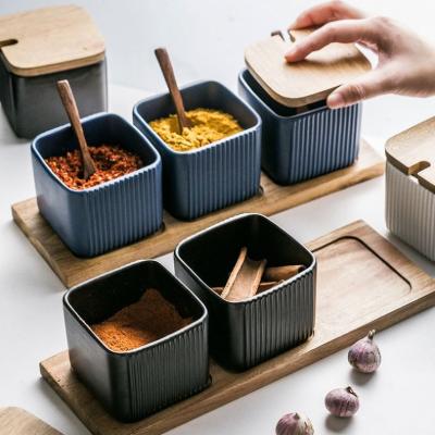 China Viable Nordic Style Ceramic Salt Sugar Pepper Pot Spice Jar 3pcs Set Seasoning Box for sale