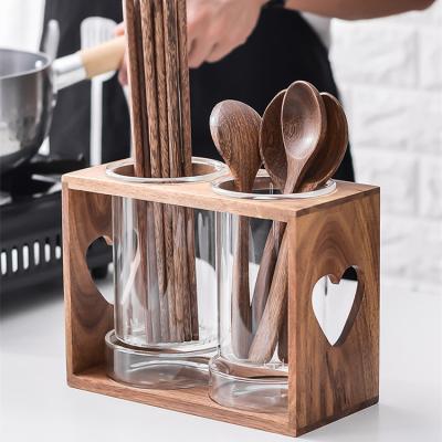 China Creative Viable Restaurant Glass Storage Rack Home Kitchen Tube Drain Chopsticks Commercial Acacia Wood Chopsticks Rack for sale