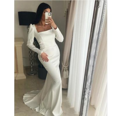 China Anti-Static Soft Chic Square Trumpet Wedding Dress Collar Wedding Satin Mermaid Long Sleeve for sale