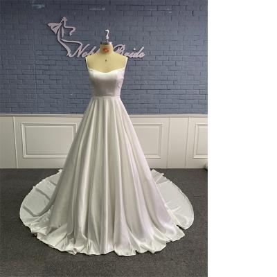 China Anti-static A line spaghetti tie satin wedding dresses wedding dresses pictures real bride long dress for sale