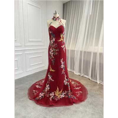 China Anti-Static Sleeveless Chinese Style Halter Mermaid Evening Dresses Red Women Party Dress for sale