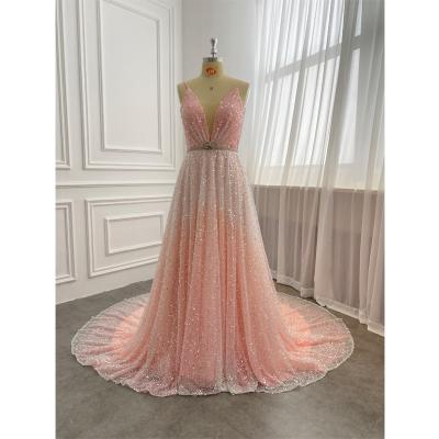 China Anti-Static Pink Deep V-Neckline A Line Women's Sequins Gradient Evening Dress Women's Dress for sale