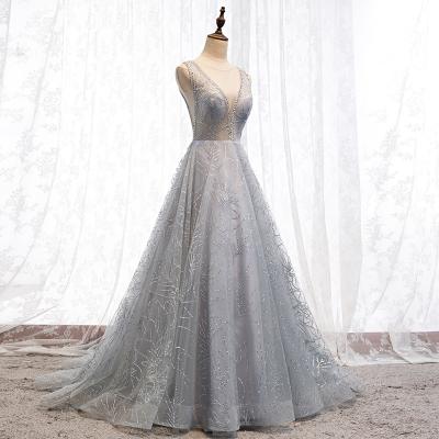 China Gray Shiny Lace Anti-Static V-Neckline A Line Classic Evening Dresses Women Formal Gowns Equalizing Developed Part for sale