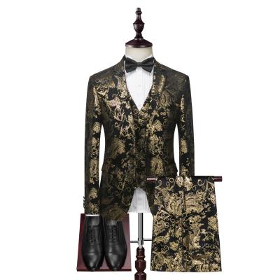 China 3 Piece Notch Lapel Mens Anti-Static Gold Black Print Suit Business Men Double Breasted Suits for sale