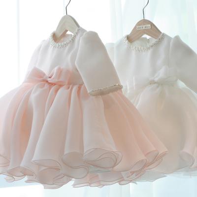 China Soft Pink Long Sleeve Long Sleeve Tulle Ruffle Flower Girl Dress Wedding Boat Neck Kids Clothes Girl Dresses for sale