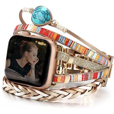 China New Stainless Steel Women's Boho Leather Diamond Strap iWatch 8 For Se 7 6 Vintage Belt Metal Strap For Apple Watch 8 Ultra Band Accessories for sale