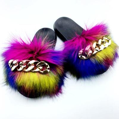 China CUSHIONING 2021 new women's sandals designer slippers gold chain raccoon hair fur non-slip slippers imitation sandalia for sale