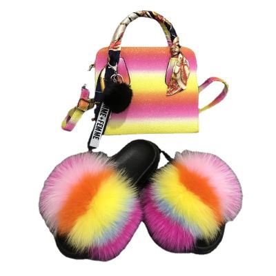 China 2021 Luxury Luxury Bags and Shoes Set Slippers For Women Fur Slippers Wallet Backpack Jelly Bag Suit Party Sandals Crossbody Bag for sale