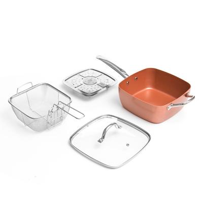 China Amazon 9.5 Inch Ceramic Copper Pot Multi Use Square Frying Pan Induction Grill Cookware Fry Basket Steamer Stand Viable Hot Selling Set for sale