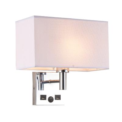 China Modern Small Piece 2 USB Port Wall Lamp Bedside Hotel Bedroom Fabrics And Lace Iron Indoor Wall Light for sale