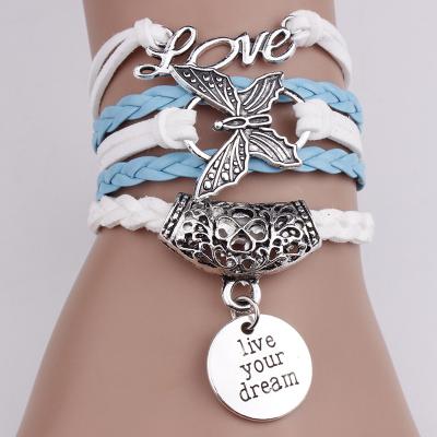 China New non-specific European and American hot sale vintage bracelet LOVE butterfly liveyourdream woven bracelet for sale