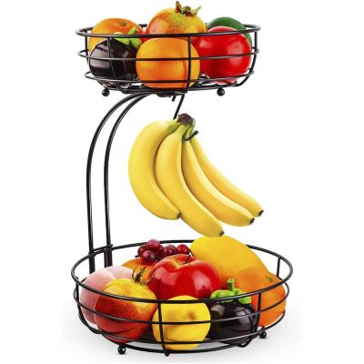 China Viable Organizer Storage Basket 2 Tier Metal Wire Fruit Basket Vegetable Rack With Banana Holder for sale