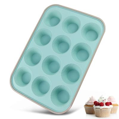 China Sustainable Bakeware Non Stick Silicone Round Shaped 12 Cup Muffin Pan Baking Tray Cake Mold for sale