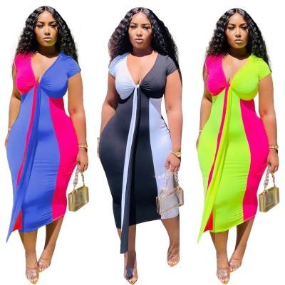 China 2022 Anti-wrinkle fashion wholesale v-neckline plus size 5XL short sleeve color women oversized clothing pungent tight dress for sale