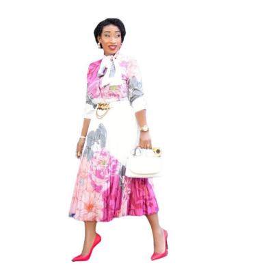 China Women's African Fashion Anti-Wrinkle Plus Sleeve Floral Dress Elegant Casual Bow Tie Maxi Pleated Dress Size 5XL Long for sale