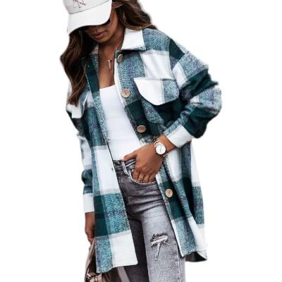 China Factory Wholesale Fashion Anti-wrinkle Mid Length Pockets Plaid Turn Down Collar Winter Shirt Womens Coats for sale