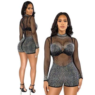 China 2021 Fashion Women Perspective Sexy QUICK DRY Long Sleeve Rhinestone Nightclub Bodycon Rompers Jumpsuits And Rompers for sale