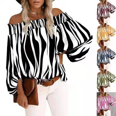 China Anti-pilling fall 2021 plus size women's clothing off-shoulder striped print T-shirt for sale