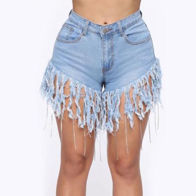 China Factory Breathable Wholesale Fashion Summer Women Slim Fit Sexy High Waist Distressed Ladies Jeans Shorts With Diamond Tassel for sale