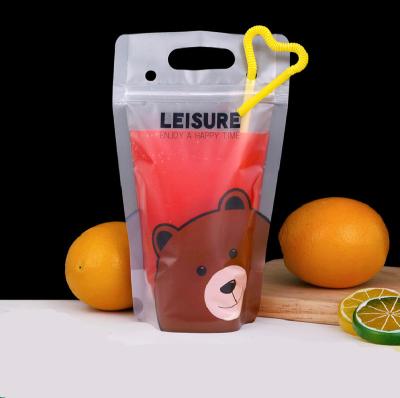 China Disposable Stand Up Plastic Drinking Pouches Self-holding Juice Coffee Bar Handle Liquid Packaging Bags With Straw for sale