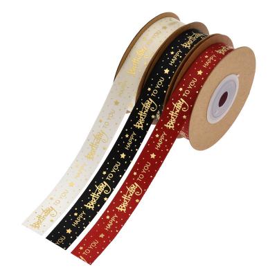 China Hot Viable Printed Gold Stamping 1.5CM Polyester Ribbons Happy Birthday Satin Cake Gift Decoration Ribbon for sale