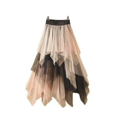 China Mesh Skirt Color Splicing Contrast Color High Waist Mid Length Skirt Breathable Popular Irregular A-Line Skirt for sale