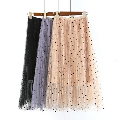 China Breathable the new Korean version of the fashion all-match mesh polka dot skirt elastic waist mid length pleated skirt for sale