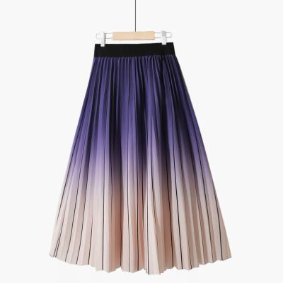 China Breathable Japanese Spring Print Gradient / Summer Fashion High Waist Striped Swing Contrast Pleated Mid Length Skirt for sale