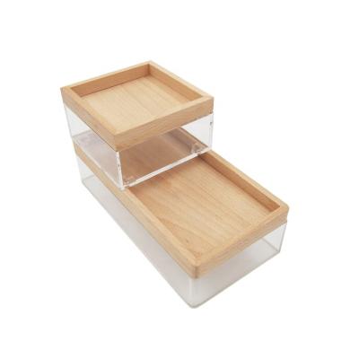 China Desktop Stapler Stackable Acrylic Clip and Mini Box with Removeable Wooden Organizer Lid Acrylic Desk Stationery Kit for sale