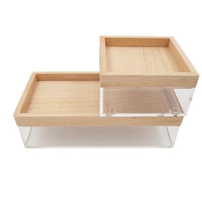 China Desk Function Stationery Stackable Storage Acrylic Box With Lid Removeable Wood Freestyle Acrylic Desktop Organizer for sale