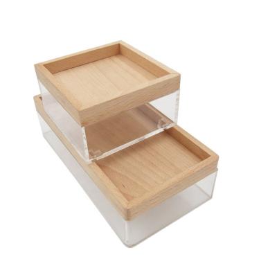 China High Quality Free Stackable Stationery Storage Desktop Style Acrylic Box with Removeable Wooden Lid Desktop Acrylic Organizer for sale