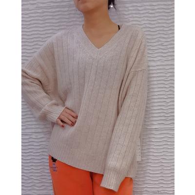 China OEM Autumn And Winter Pullover V-neck Vertical Stripe Breathable Casual Long Sleeve Loose Sweater for sale