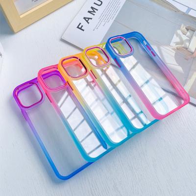 China Shockproof Transparent Phone Case Acrylic Gradient Color TPU PC For iPhone 14 13 12 Pro Max Case Back Cover Holder Fashion for sale