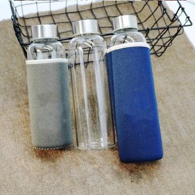 China Sustainable Size Custom Logo Style Drinking Sports Glass Water Bottle With Cloth Sleeve Pouch for sale