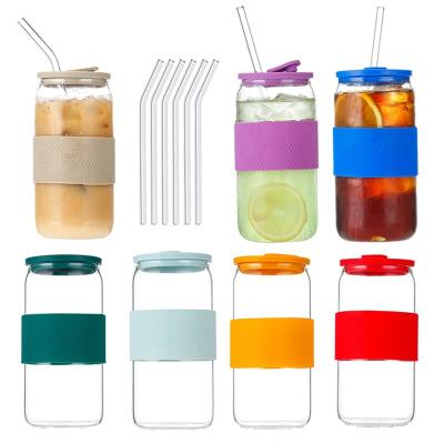 China Europe beer can glass iced coffee mug with straw and silica gel lids can shaped glass cup for sale