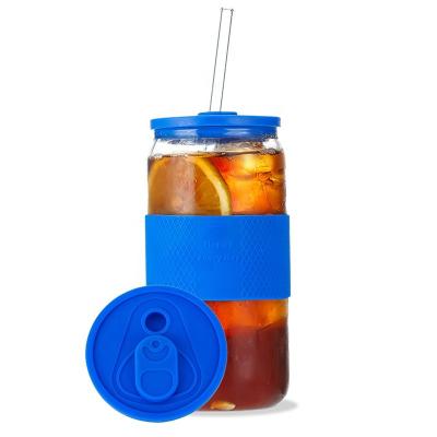 China Europe Beer Can Glasses With Lid And Straws 16oz Silica Gel Glass Can Shaped Glasses For Whiskey Soda Tea Water for sale