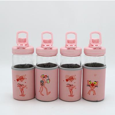 China New Design Cartoon Leak Proof Sustainable Cute Glass Child Water Bottle Eco Friendly Water Bottle With Protective Case for sale