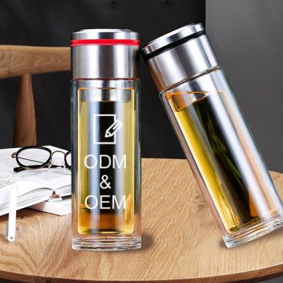 China Customized Logo 320Ml Double Bottle Glass Stainless Steel Tea Infuser Double Wall Water Bottle Viable Customized for sale