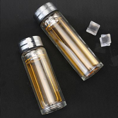 China Viable Custom Logo Lower Moq Double Wall Vacuum 400Ml Glass Tea Bottle With Stainless Steel Tea Divider for sale