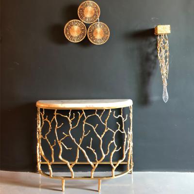 China Customized Gold Luxury Italian Brass Base Furniture Hotel Porch Table Wall White Marble Top Console Table for sale