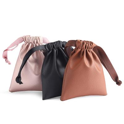 China Gifts Custom Drawstring Luxury PU Leather Rose Black Soft Jewelry Packaging Pouch Bags With Gold Stamping Logo for sale