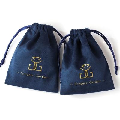 China Cord Handle Custom 9*12cm Navy Blue Drawstring Velvet Pockets Bags With Gold Stamping Logo for sale