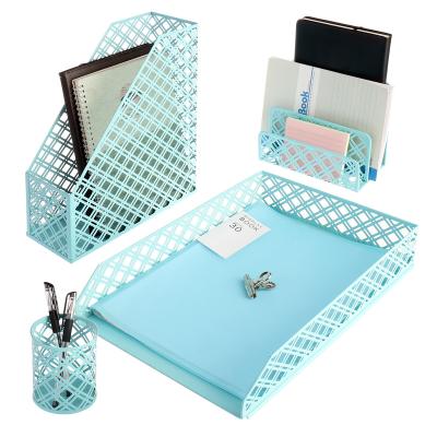 China Office Tidy Blue Desk Set Of 4 Organizer With Pencil Cup, Magazine Holder, File Tray, Letter Desk Sorter for sale