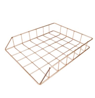 China Modern Desktop Accessories Office Rose Gold Stackable Metal Desk Organizer Supplies Document Tray File Tray Magazine Paper Holder for sale