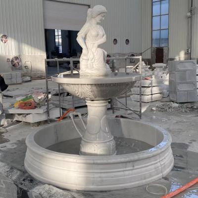 China Customized Large size  Natural Stone Outdoor white  Marble Fountains and girl figure Statue water fountain for decoration for sale