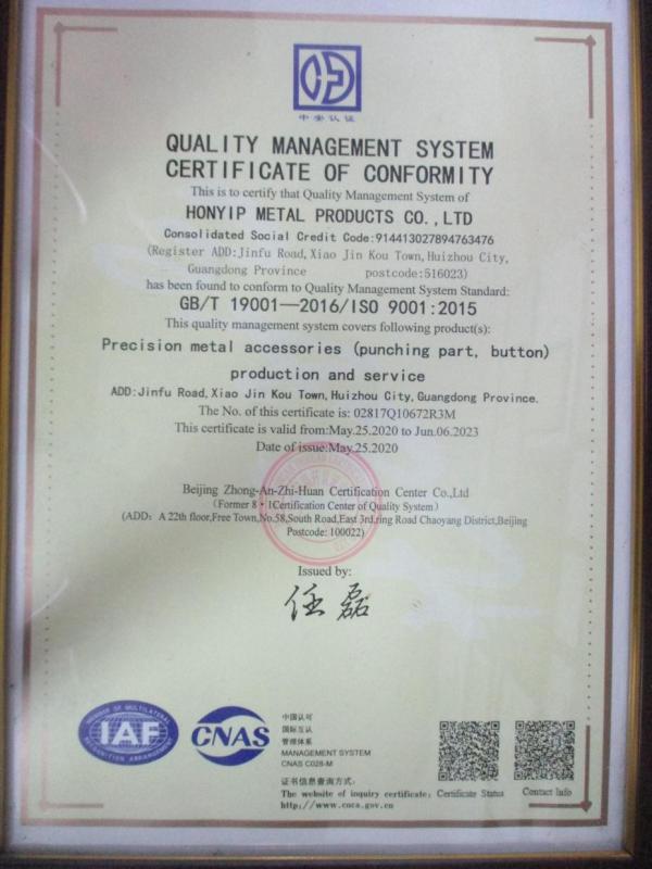 ISO9001 - Huizhou City Honyip Metal Products Co., Ltd.