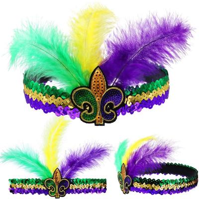 China Quick and Easy Feather Fascinators SP-17 Green Yellow Purple Mardi Gras Masquerade Mask Party Sequin Headband Assembly New Orleans Faux Feather for sale