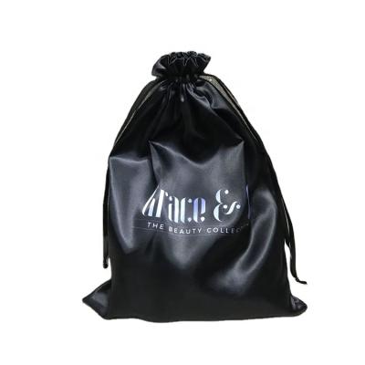 China Recyclable Black Satin Bag For Hair Wigs With Custom Logo On One Side for sale